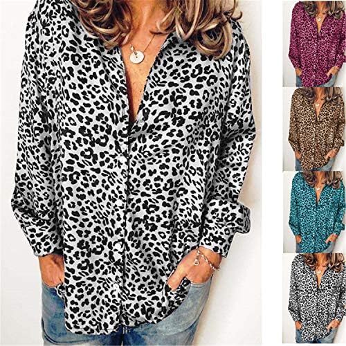 Andongnywell Button feminino leopardo impresso de manga longa Túnica tops camisas túnicas t camisetas