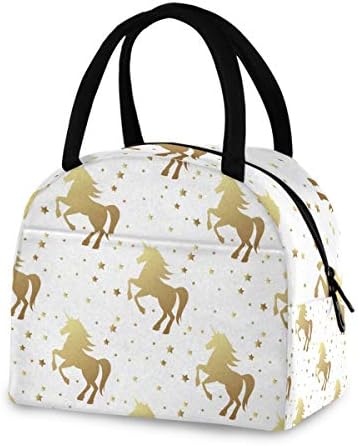 Yyzzh Magic Golden Unicorn e Star Horse Fairy On White Isolle Isolle Bag Bag Refriger Refeição Prep Bolsa Lunch Box Saga