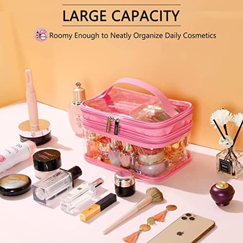 Losahi Clear Makeup Organizer Bag - Bolsa de cosméticos de viagem de duas camadas com bolsas de escova, bolsa de higieness