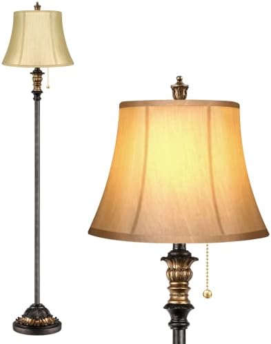 Lâmpada de piso tradicional, lâmpada clássica de pé com 2 abajurs de tecido de seda Bronze vintage altura lâmpada para sala