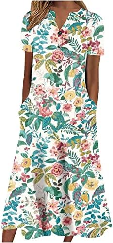 AdiHowBew Womens Moda de manga curta Floral V Neck Plus Tamanho Midi Dress com bolsos