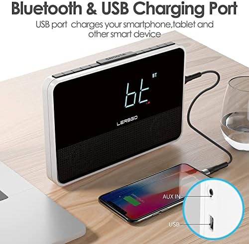 Lersgo Alarm Clock Radio Bluetooth v5.0 Alto com som HD e baixo, exibição azul com dimmer, alarme, soneca, timer de sono,