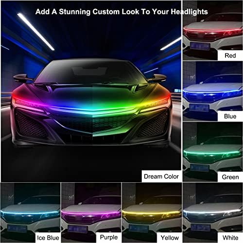 Luzes externas para carros, tiras de luz de capuz de carro de 59/71 polegadas com perseguição DreamColor, luzes de tira LED