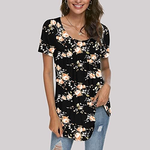 Moda feminina estampa floral top 2023 Summer dobra prega gola plataforma de manga curta camiseta camisetas blusas