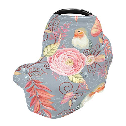 Yyzzh vintage Floral Bird Robin Peony Flor Ranunculus Rosa Folha de folhas de bebê Cover de assento do carro infantil