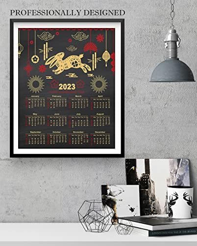 2023 Calendário, ano lunar chinês do coelho 11 x14 ouro na parede ou mesa anual preta em um planejador de relance. Idéia