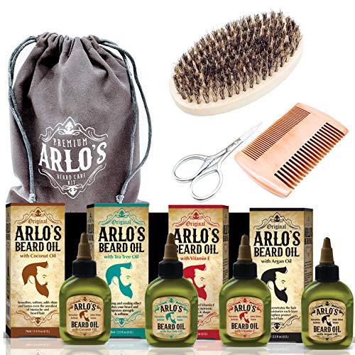 O conjunto de barba premium de 8-PC de Arlo para MEN inclui quatro óleos de barba de 2,5 onças, escova de barba, pente, tesoura