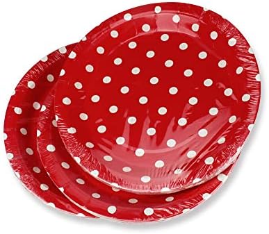 Placas de papel de bolinhas vermelhas 36pcs - 9 polegadas de pratos de festa redonda biodegradável para bolos, sobremesa,