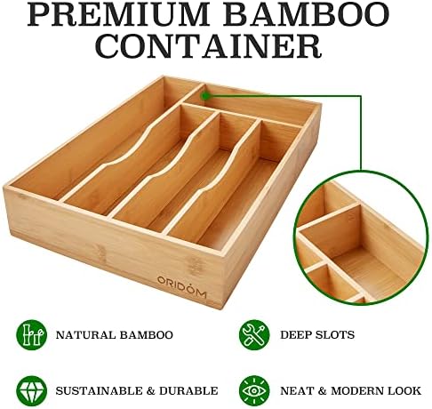 Oridom 5-slots Bamboo Salheres Gavet Organizer para cozinha, bandeja de talheres de madeira de bambu na gaveta para