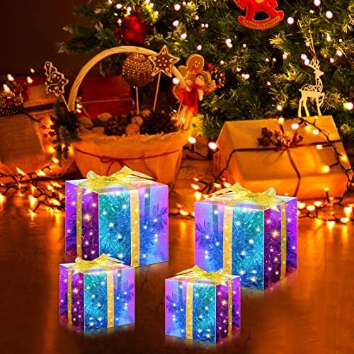 4 Pacote caixas de presente iluminadas de Natal caixas decorativas de plástico holográfico com celofane Glitter Glitter Ribbon