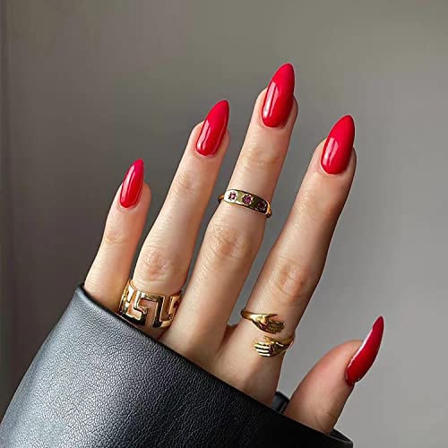 Pressione as unhas Médio STILETTO ALMOND FALKS TAPA COMPLETA RED RELS FALSE UNIDES FALSO GLOSSY COM CLUE DE PIGH