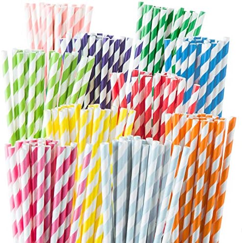 Weemium 200 canudos de papel biodegradáveis ​​- Durável e ecológico em 10 listras de cores - Rainbow Bebing Drink