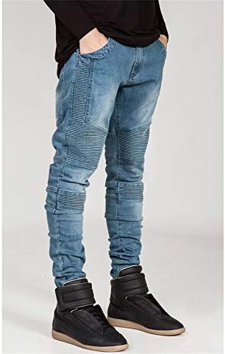 Andongnywell Men Slim Fit Jeans Patch rasgado jeans angustiado Biker Moto Demin calça com zíper deco deco