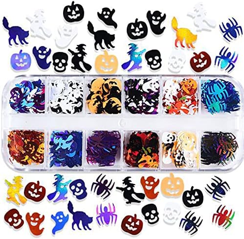 Lantejoulas de arte de unhas de brilho de halloween, mix de flages de abóbora de abóbora de skull de crânio 3d, decorações de unhas