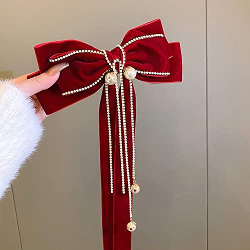 Wiwpar Red Velvet Cabelo de cabelo laço para mulheres Big Cow Barrettes Pearl Bead Tassel Cabine