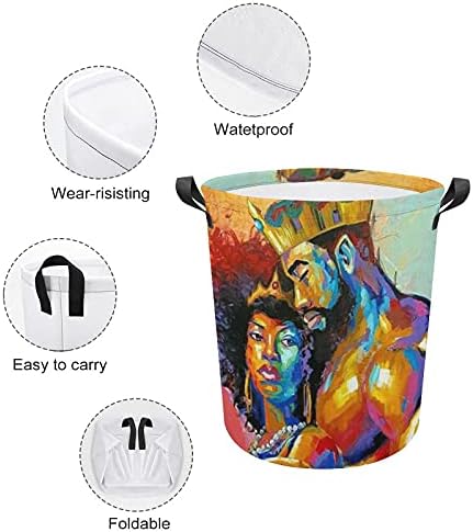 Afro -americano A Lovers Casal Basking Laundry Horting With Handles Canvas Fabric Storage Bin Round for Clothes Toys