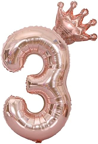 Keriloo 40 polegadas Gold Rose Número 3 Balões com Helium de coroa destacável Helium Digital colorido Decorações de aniversário