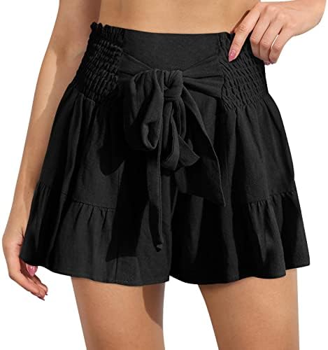 Shorts de cordão confortável feminino de tração do verão elástica de perna larga de pernas largas