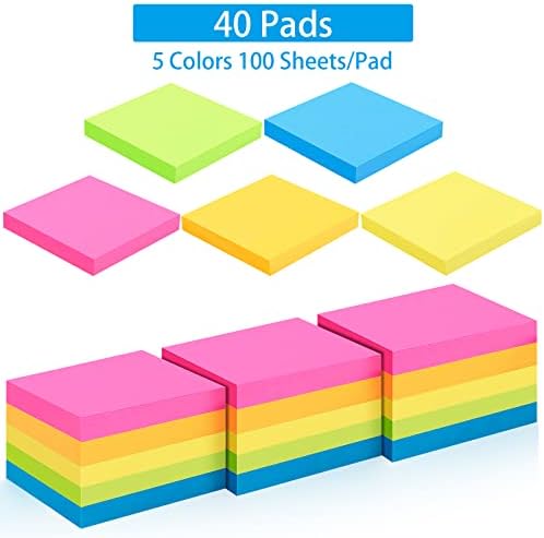 40 Pads Notas pegajosas 3x3, 100 folhas/almofada Bright Cores Auto-pás e-fácil de postar para o escritório, material escolar 4000