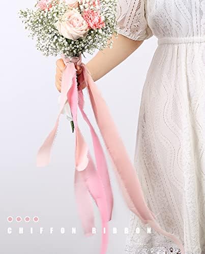 UPUDO 4 Rolls Chiffon Ribbon, 1,5 x 6yd Rose Dusty Rose Silk Ribbons, bordas desgastadas para convites de casamento, buquês