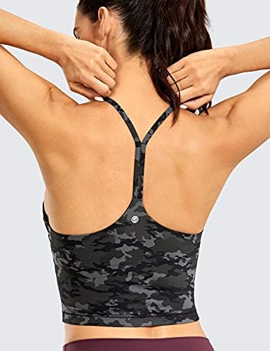 Crz Yoga feminino Y LONGLINE Sports Bra - Racerback Spaghetti tiras de treino acolchoadas Tampas de colheita com sutiã embutido