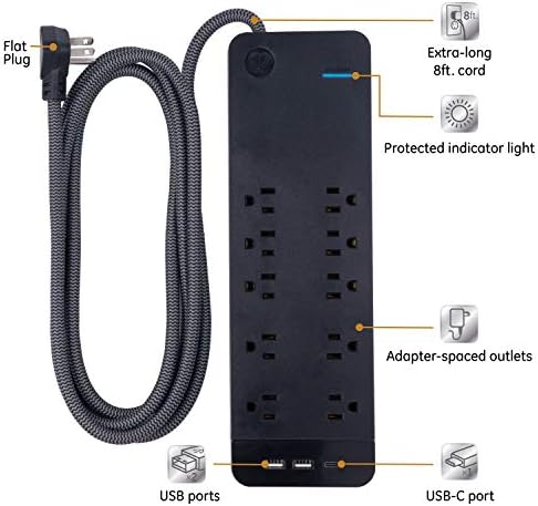 Protetor de pula de saída da GE UltraPro 10, carregamento USB-C, cordão trançado de designer de 8 pés, adaptador espaçado, 3540