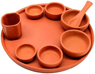 KLEO - Terracota de argila thali com tigelas, Bhojan Thali | Conjunto Thali de jantar de prato de barro