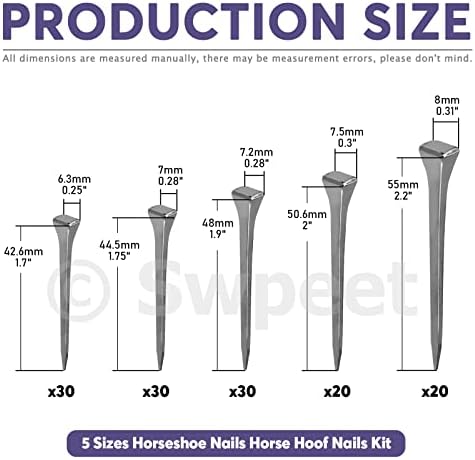 Swpeet 130Pcs 5 Sizes E2 E3 E4 E5 E6 Steel Horseshoe Nails Assortment Kit, 1.6 1.7 1.8 2 2.1 Horse Hoof Nails Horseshoe Tools Fix