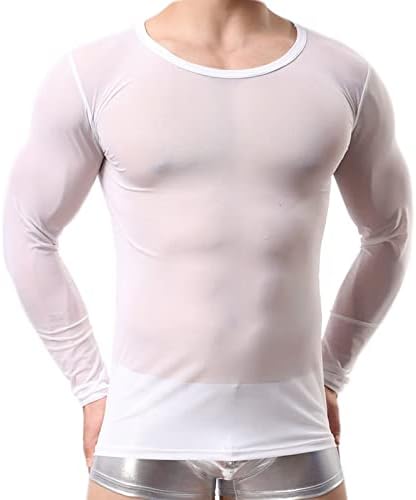 Mens sexy pura malha subdeshirts, semi ver através de roupas íntimas de camiseta de manga comprida, lingerie muscular