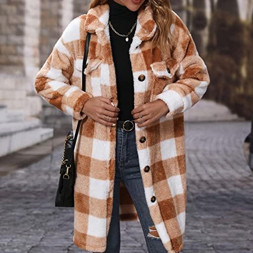 Casacos de trincheira de lã para mulheres de lapela de lapela Down Plaid Shacket Jacket Outwear Fashion Fuzzy Long Winter