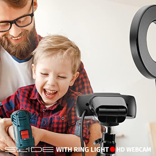 Slide 720p HD webcam, luz do anel portátil com kit de suporte | 2 braços flexíveis de pescoço, grampo