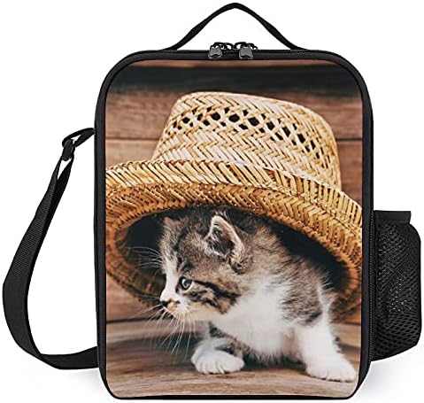 Gato com chapéu de chapéu de isolamento portátil lanchone saco de bolsa de bolsa de contêiner de alimentos para trabalho piquenique
