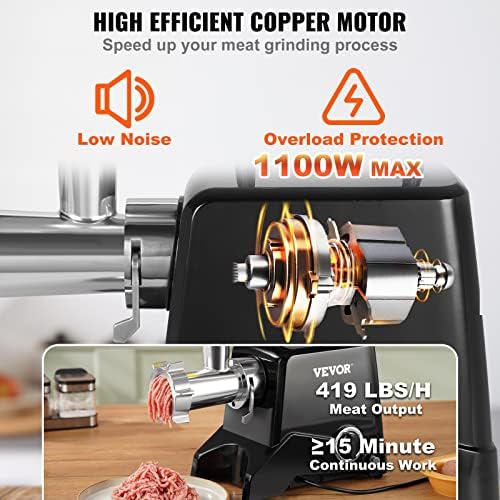 Greante de carne elétrica Vevor, capacidade de 419 lb/ h, 575W （1100W Max) Mincer de carne industrial com lâmina, 3 placas