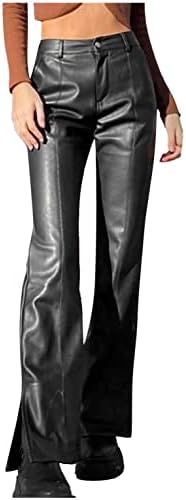 Calças de couro falso feminino Lateral vintage dividido na cintura alta calças retas de perna larga com bolsos Slim Fit Troushers