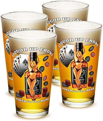 Poker Gambling Cards Holdem - Liquor na frente do poker na traseira - Classic Premium Beer Pint copos 16 onça - Conjunto de 24