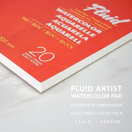Fluid Artist Watercolor Pad, 140 lb de papel de prensa a frio para pintura em aquarela e mídia úmida, dobra, 6 x 6 polegadas, 20 folhas
