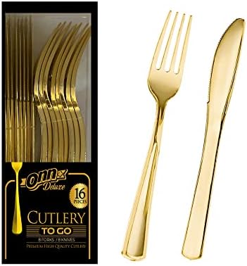 Onn+ Togo 16 talheres de plástico -ouro - talheres descartáveis ​​| 8 garfos de plástico, 8 facas de plástico | Talheres pesados ​​para