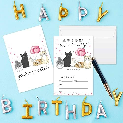 Wuawn 20 Kitten Cat Birthday Invitations com envelopes, Kitten Balloon Fill - Em cartões de convite de aniversário para meninos