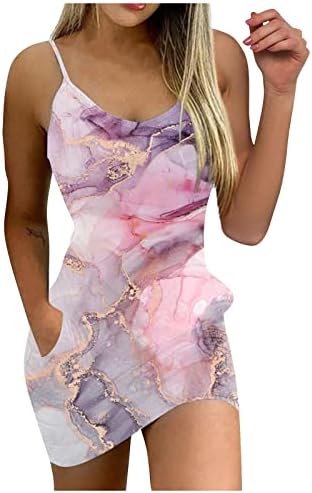 Vestido de verão para mulheres Crewneck Speaghetti tiras vestido vestido de impressão de corpo casual com bolso com bolso