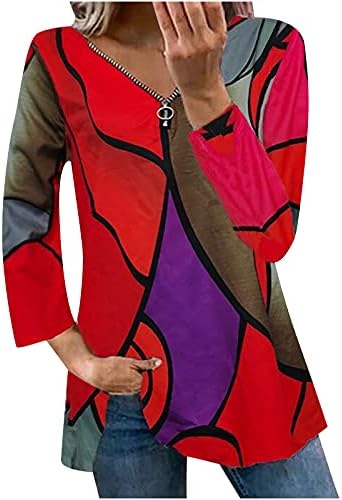 Tops femininos toff confortável casual manga longa camiseta colorblock zíper dividido blusa solta camisetas de outono túnica de túnica