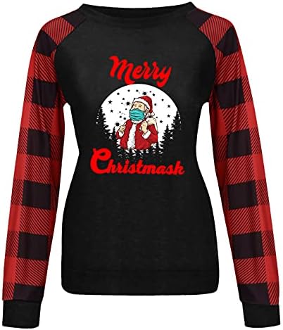 Tops de Natal para mulheres, casual de manga longa e casual casual férias de férias de retalhos de elk camisetas impressas