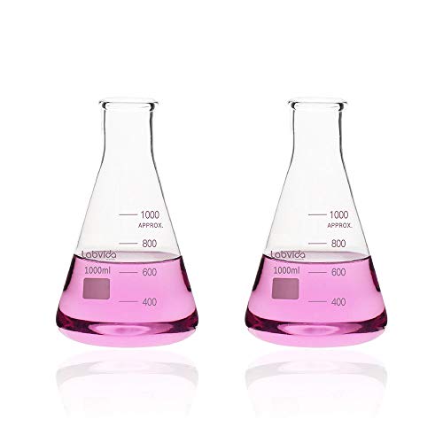 Labvida 2pcs de frascos de vidro de boca estreita Erlenmeyer Flasks, vol.1000ml, 3.3 Borocilicato com graduação impressa, LVC005