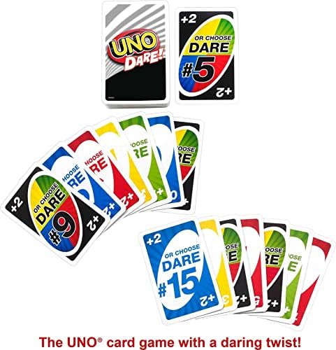 Mattel Games Uno Dare Card Game for Family Night, com desafios e bobos ousados ​​de 3 categorias diferentes