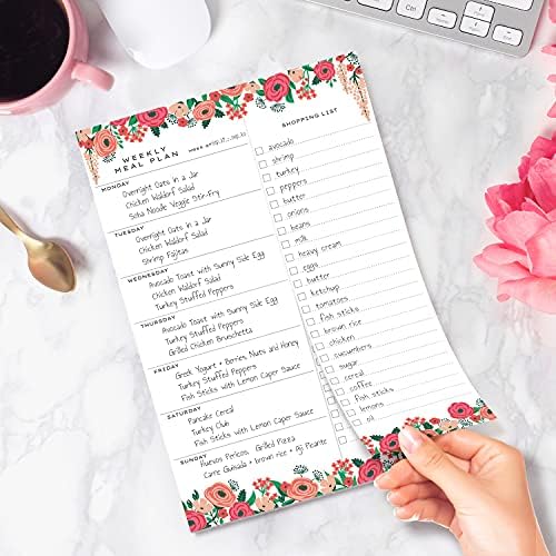 Sweetzer & Orange Floral Weekly Meal Planner and Grocery List Notpad. Bloce de planejamento de refeições de 7x10 ”com lista