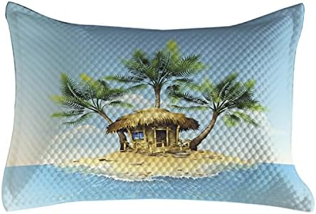 Ambesonne Tropical acolchoado na capa, bangalô de madeira tropical 3 palmeiras em uma pequena arte de desenhos animados da ilha,