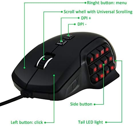 Um mouse de jogos programáveis ​​do ADWITS MMO, sensor Pixart True 10000 DPI, design ergonômico com botões personalizáveis ​​17,