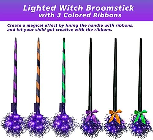 Halloween Black Witch Bruch com LED Luzes roxas Bruxa de bruxa com fitas Halloween Wicked Broom adereços acessórios de