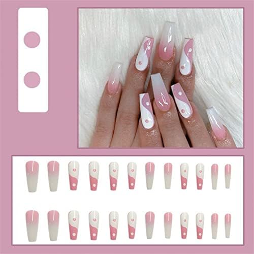 24pcs Pressione mais longa na unha Ballerina Ballerina Falsa, rosa e brancos desenhos de acrílico francês unhas falsas