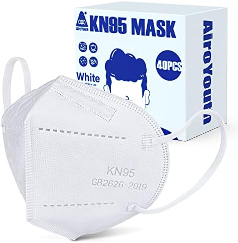Airoyouth KN95 Máscaras faciais 50pcs, máscara de face respirável KN95 com filtração de 95% de 5 camadas, loops de ouvido elásticos