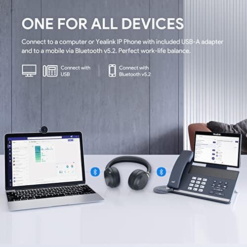 Yealink BH72 fone de ouvido Bluetooth com suporte de carregamento sem fio, certificação de Zoom de equipes, microfone cancelamento